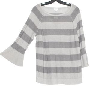 NWT J Jill Sweater Linen Boho Coastal Minimalist Bell Sleeve Stripe Gray Medium